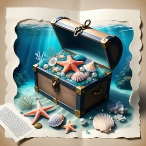 ((ultra realistic photo)), artistic sketch art, Make a little PASTELL pencil sketch of a MAGICAL LOVELY TREASURE CHEST on an old TORN EDGE paper UNDERWATER SEA BOTTOM , art, textures, pure perfection, high definition, TINY DELICATE SEA-SHELL, TINY STARFISH, PEARLS, DELICATE CORAL, TINY SILVER COIN, SEAWEED, GEMS, SHELL AROUND the paper, detailed calligraphy texts, TINY delicate drawings, tiny delicate signature,BookScenic,underwater,AtlantisWorld