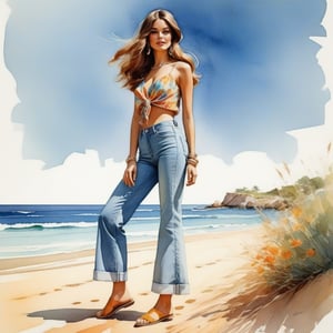 young girl , lazy long hair style, long legs, Riviera spring beach near the ocean (full body shot, '60s hippie style long baggy jeans). Modifiers:modern colorful illustration style VINTAGE fashion illustration, Coby Whitmore ART, VINTAGE 1960s hippie boho fashion illustration, whimsical style, intricately textured and detailed, Pomological Watercolor, depth of field, ultra quality ,ink art, transparent fading , shadow play, high colour contrast,watercolor,