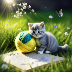 ((ultra realistic photo)), artistic sketch art, Make a little pencil sketch of a cute TINY BRITISH shorthaired CAT play with a ball of yarn  in the grass , art, textures, pure perfection, high definition, feather around, TINY DELICATE FLOWERS, ball of yarn, flower petals , Sun beam, butterfly, tiny cat toys, detailed calligraphy texts, tiny delicate drawings,LegendDarkFantasy