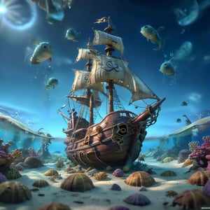 POV angle water worm's-eye view, MAGICAL cute STORYBOOK tropical bay , shabby STYLE lovely sailing ship on the beach, view on the tropical bay , summer, semi underwater view, pirate treasures underwater.  Modifiers: highly detailed dof trending on cgsociety steampunk fantastic view ultra detailed 4K 3D whimsical Storybook beautifully lit etheral highly intricate stunning color depth disorderly outstanding cute illustration cuteaesthetic Boris Vallejo style shadow play The mood is Mysterious and Spellbinding, with a sense of otherworldliness  otherwordliness macro photography style LEONARDO DIFFUSION XL STYLE 
