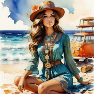 young girl , lazy long hair style, long legs, Riviera summer beach near the ocean (full body shot, '60s hippie style outfit). Modifiers:modern colorful illustration style VINTAGE fashion illustration, Coby Whitmore ART, VINTAGE 1960s hippie boho fashion illustration, whimsical style, intricately textured and detailed, Pomological Watercolor, depth of field, ultra quality ,ink art, transparent fading , shadow play, high colour contrast,watercolor,aw0k collage,KA,steampunk style,cinematic style