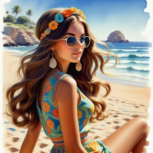 young girl , lazy long hair style, beautiful eyes, long legs, Riviera summer beach near the ocean (full body shot, '60s hippie style outfit). Modifiers:modern colorful illustration style VINTAGE fashion illustration, by Coby Whitmore, Haddon Sundblom. VINTAGE 1960s hippie fashion illustration, whimsical style, intricately textured and detailed, Pomological Watercolor, depth of field, ultra quality ,ink art, transparent fading , shadow play, high colour contrast,PIXAR