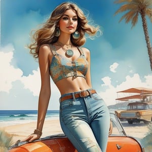 young girl , lazy long hair style, long legs, Riviera spring beach near the ocean (full body shot, '60s hippie style long baggy jeans). Modifiers:modern colorful illustration style VINTAGE fashion illustration, Coby Whitmore ART, VINTAGE 1960s hippie boho fashion illustration, whimsical style, intricately textured and detailed, Pomological Watercolor, depth of field, ultra quality ,ink art, transparent fading , shadow play, high colour contrast,watercolor,aw0k collage,KA,steampunk style