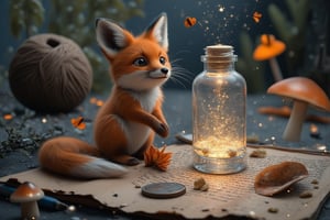 ((ultra realistic photo)), artistic sketch art, Make a little pencil sketch of a CUTE fluffy fox cub on an old TORN EDGE BOOK PAGE , art, textures, pure perfection, high definition, feather around, DELICATE FLOWERS, ball of yarn, SHINY COIN, grass thread on the paper, LITTLE MOON, MOONLIGHT in the bottle, TINY MUSHROOM, PETALS, SPIDERWEB, CRYSTAL, MOSS FIBER , TEALIGHT, DELICATE CELTIC ORNAMENT, little KEY, detailed calligraphy text, tiny delicate drawings, DISORDERED TINY delicate drawings, tiny delicate signature .The bottle’s glow casts a magical aura over the scene, creating an atmosphere of forgotten spells, ancient magic floating in the air, and hidden secrets. fireflies around the bottle. The bottle labelled with the text "save the planet"! SOME Tiny, vibrant flower and moss encircle the letter. The overall scene is tranquil yet mystical, with nature reclaiming the old magical relic. The overall scene is whimsical, serene, and full of enchantment.
