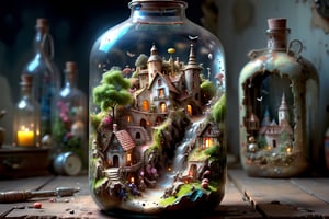 An anchient detailed shabby village trapped inside a bottle, fantasy, magical, neat illustration, UHD Modifiers:Pino Daeni etheral otherwordliness LEONARDO DIFFUSION XL STYLE, crisp quality 
