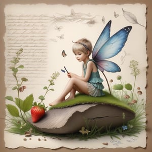 ((ultra realistic photo)), artistic sketch art, Make a little PASTELL pencil sketch of a cute TINY PIXIE SITTING on an old TORN EDGE paper , art, textures, pure perfection, high definition, TINY DELICATE FLOWERS, WILD BERRIES ,STRAWBERRY, TREES, LEAF, FEATHER, TINY MUSHROOM, TINY BUTTERFLY, TINY SUNBEAM, GRASS FIBERS on the paper,  detailed calligraphy texts, TINY delicate drawings, tiny delicate signature