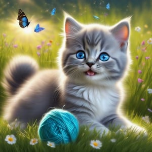 a cute BRITISH shorthaired BLUE EYED HAPPY PLAYFUL KITTY play with a ball of yarn in the grass , (art, textures, pure perfection, high definition), feathers around, TINY DELICATE FLOWERS, ball of yarn, flower petals , Sun beam, 1SOAP BUBBLE, butterfly, tiny dew drops float, detailed calligraphy texts float, tiny delicate drawings, , ct-nijireal