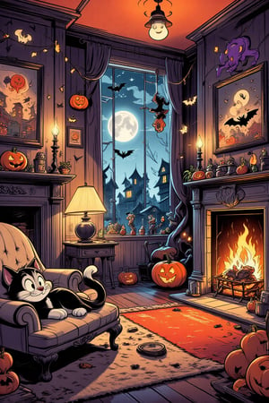 A Halloween-decorated cartoon animation inspired shabby-style living room glows warmly in the moonlight, with a large armchair by the fireplace, the living room every detail is decked out for Halloween night . In the armchair, a tabby Cheshire cat rests, watching us with wide, mischievous eyes. Above, a little bat hangs upside down from the mantelpiece of the fireplace, tightly clinging to his feet as he sleeps. Moonlight streams in through the window, catching the festive decorations and adding a whimsical, lighthearted Halloween charm. The atmosphere is filled with laughter and lighthearted Halloween spirit., The atmosphere is inviting and magical, filled with the warmth of a magical Halloween welcome.