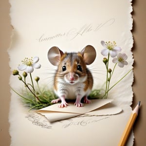 ((ultra realistic photo)), artistic sketch art, Make a little WHITE LINE pencil sketch of a cute LITTLE MOUSE on an old TORN EDGE paper , art, textures, pure perfection, high definition, LITTLE FRUITS around, TINY DELICATE FLOWERS, GRASS FIBERS on the paper, little calligraphy text