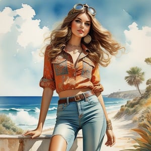 young girl , lazy long hair style, long legs, Riviera spring beach near the ocean (full body shot, '60s hippie style long baggy jeans). Modifiers:modern colorful illustration style VINTAGE fashion illustration, Coby Whitmore ART, VINTAGE 1960s hippie boho fashion illustration, whimsical style, intricately textured and detailed, Pomological Watercolor, depth of field, ultra quality ,ink art, transparent fading , shadow play, high colour contrast,watercolor,aw0k collage,KA,steampunk style