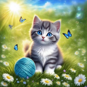 a cute BRITISH shorthaired BLUE EYED HAPPY PLAYFUL KITTY play with a ball of yarn in the grass , (art, textures, pure perfection, high definition), feathers around, TINY DELICATE FLOWERS, ball of yarn, flower petals , Sun beam, 1SOAP BUBBLE, butterfly, tiny dew drops float, detailed calligraphy texts float, tiny delicate drawings, , ct-nijireal