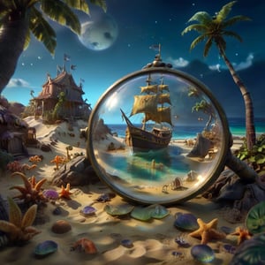 we see the enchanted tropical shore under a magnifying  glass on a  magical Old Paper map on the rough sand, DETAILED enchanted beach resort life, sailing ships, tropical bungalows under the  magnifying glass.. Modifiers: Unreal Engine, Nazar Noschenko, magical, Pino Daeni, etheral, midjourney, ghostly, Astounding, outstanding, otherwordliness, cute illustration, cuteaesthetic, Boris Vallejo style, highly intricate, whimsical, 4K 3D, stunning color depth, cute illustration, Salvador Dalí