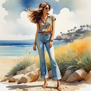young girl , lazy long hair style, long legs, Riviera spring beach near the ocean (full body shot, '60s hippie style long baggy jeans). Modifiers:modern colorful illustration style VINTAGE fashion illustration, Coby Whitmore ART, VINTAGE 1960s hippie boho fashion illustration, whimsical style, intricately textured and detailed, Pomological Watercolor, depth of field, ultra quality ,ink art, transparent fading , shadow play, high colour contrast,watercolor,