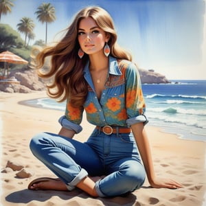 young girl , lazy long hair style, beautiful eyes, long legs, Riviera summer beach near the ocean (full body shot, '60s hippie style long jeans). Modifiers:modern colorful illustration style VINTAGE fashion illustration, by Coby Whitmore, Haddon Sundblom. VINTAGE 1960s hippie fashion illustration, whimsical style, intricately textured and detailed, Pomological Watercolor, depth of field, ultra quality ,ink art, transparent fading , shadow play, high colour contrast,PIXAR