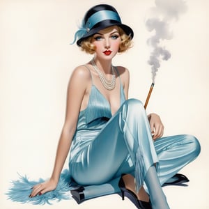 young girl with baby blue eyes, hair styled messy, full body shot, flapper satin pant, sitting, long legs, long cigarette, fume Modifiers: Henry Clive art illustration,