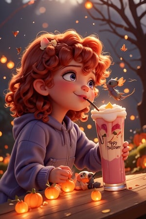 The sweetest cute little girl in a hooded pullover sips a pale strawberry shake from a tall glass with a frothy top, using a straw. Her cute, puffy cheeks and soft red curly hair add to her charm and the little summer-freckled puffy cheeks. Her ringlety hair held by adorable little furry , mouse like creatures with tiny wings levitate around her head holding up in the air her curls endings as she drinks. The table in front of her is decorated for Halloween, with tiny, glowing pumpkin lanterns scattered across, adding a magical, festive glow to the scene. the tall glass labelled with the text "Happy Halloween!" and an adorable little furry , mouse like creature sitting and smile fly bye across the picture waving to us.