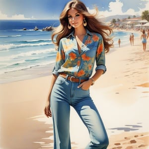 young girl , lazy long hair style, long legs, Riviera summer beach near the ocean (full body shot, '60s hippie style long jeans). Modifiers:modern colorful illustration style VINTAGE fashion illustration, by Coby Whitmore, Haddon Sundblom. VINTAGE 1960s hippie fashion illustration, whimsical style, intricately textured and detailed, Pomological Watercolor, depth of field, ultra quality ,ink art, transparent fading , shadow play, high colour contrast,beautypinupart,glass,DonMM4g1cXL,Cinematic 