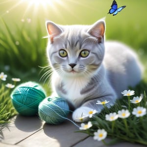 ((ultra realistic photo)), artistic sketch art, Make a little pencil sketch of a cute TINY BRITISH shorthaired CAT play with a ball of yarn  in the grass , art, textures, pure perfection, high definition, feather around, TINY DELICATE FLOWERS, ball of yarn, flower petals , Sun beam, butterfly, tiny cat toys, detailed calligraphy texts, tiny delicate drawings
