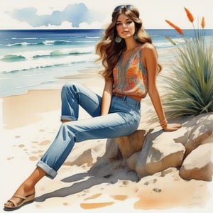 young girl , lazy long hair style, long legs, Riviera spring beach near the ocean (full body shot, '60s hippie style long baggy jeans). Modifiers:modern colorful illustration style VINTAGE fashion illustration, Coby Whitmore ART, VINTAGE 1960s hippie boho fashion illustration, whimsical style, intricately textured and detailed, Pomological Watercolor, depth of field, ultra quality ,ink art, transparent fading , shadow play, high colour contrast,watercolor,