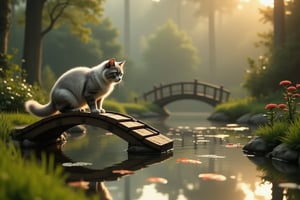 On a gloomy humid morning mist,  the sweetest (british shorthaired fluffy) cat in the world stands on a small curved wooden bridge that arches over a peaceful garden pond. The cat is intently watching the fish in the crystal clear water below, its reflection shimmering in the clear pond. Freshly cut green grass surrounds the pond, and long-leaved plants grow along the edge. The warm sunlight fills the scene, making it feel calm and inviting.The overall scene is whimsical, serene, and full of enchantment.  the air is charmingly shimmering with magical vibe.