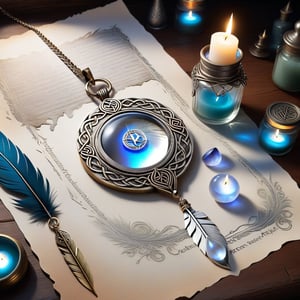((ultra ARTISTIC sketch)), (artistic sketch art), Make a 3d DETAILED old torn paper scroll on a scraped old desk (detailed celtic runes on the paper and silver feather pendant with moonstone ball) crystal, moonshine, silver coin, little moonstone gem , tiny candle, tiny potion jar, spiderweb, DISORDERED,DonM3lv3sXL