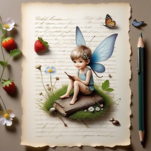 ((ultra realistic photo)), artistic sketch art, Make a little PASTELL pencil sketch of a cute TINY PIXIE SITTING on an old TORN EDGE paper , art, textures, pure perfection, high definition, TINY DELICATE FLOWERS, WILD BERRIES ,STRAWBERRY, LEAF, FEATHER, TINY MUSHROOM, TINY BUTTERFLY, TINY SUNBEAM, GRASS FIBERS on the paper,  detailed calligraphy texts, TINY delicate drawings, tiny delicate signature