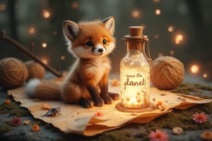 ((ultra realistic photo)), artistic sketch art, Make a little pencil sketch of a cute LITTLE FOX-CUB on an old TORN EDGE paper , art, textures, pure perfection, high definition, feather around, TINY DELICATE FLOWERS, ball of yarn, cushion, pillow on the paper, detailed calligraphy texts, TINY delicate drawings, tiny delicate signature The bottle’s glow casts a magical aura over the scene, creating an atmosphere of forgotten spells, ancient magic, and hidden secrets.  fireflies around the bottle. The bottle labelled with the text "save the planEt"! SOME Tiny, vibrant flower and moss encircle the letter.  The overall scene is tranquil yet mystical, with nature reclaiming the old magical relic. The overall scene is whimsical, serene, and full of enchantment.