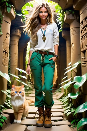 tall skinny clumsy style explorer woman in skateboarder pants, khaki boots and loose shirt, long shiny hair, piercing blue eyes, cute face, perky smile, exploring the Pharao's dark deeply magical enchanted detailed beautifuly decorated catacomb., $ Holding a cat in her hand $ anchient Egyptian detailed paintings , but lush green lianas and runes on the wall, one cute persian cat with the explorer.