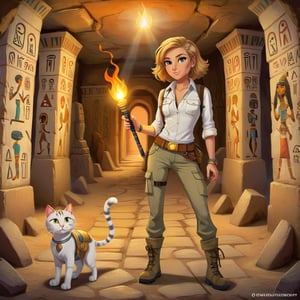 one tall skiny explorer woman in cargo pants khaki boots and white shirt, bob hair,  exploring the Pharao's catacomb with a torch, anchient Egyptian colorful detailed paintings, runes on the wall, one cute cat with the explorer 