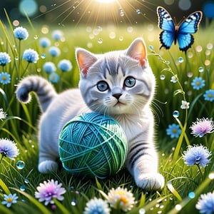 a cute BRITISH shorthaired KITTY play with a ball of yarn in the grass , art, textures, pure perfection, high definition, feather around, TINY DELICATE FLOWERS, ball of yarn, flower petals , Sun beam, butterfly, tiny dew drops, detailed calligraphy texts float, tiny delicate drawings,LegendDarkFantasy,DonMSn0wM4g1cXL