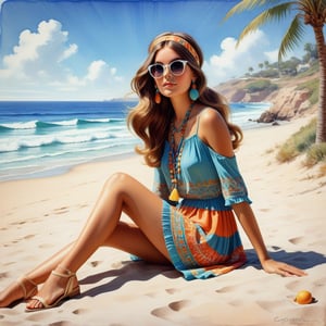 young girl , lazy long hair style, beautiful eyes, long legs, Riviera summer beach near the ocean (full body shot, '60s hippie style outfit). Modifiers:modern colorful illustration style VINTAGE fashion illustration, by Coby Whitmore, Haddon Sundblom. VINTAGE 1960s hippie fashion illustration, whimsical style, intricately textured and detailed, Pomological Watercolor, depth of field, ultra quality ,ink art, transparent fading , shadow play, high colour contrast,PIXAR