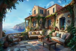 ((ultra ARTISTIC sketch)), (artistic sketch art) a magical Evening A MAGICAL GREEK HOUSE TERRACE Shabby chic, romantic, cozy, warm MAGICAL  beach BEHIND. Cushions, blankets lovely garden in front, vine on the walls, morning light, beautiful terrace, garden at home,brilliant SUNSET EVENING NIGHTFALL magical TWILIGHT light, afternoon light, afternoon sun, garden environment, cozy place, lush flowers outdoors, afternoon light, ivy, bonsai, table, stool, Intricate and detailed atmospheric refractive lighting of Unreal Engine 5 movie concept photography masterpiece Octane renders trends on CGSocietybest realistic, best details, best quality, 16k, [ultra detailed], masterpiece, best quality, (extremely detailed), ultra wide shot, photorealism, depth of field, hyper realistic painting, 3d rendering mysterious, Breathtaking VieW, Jean-Baptiste Monge, Kukharskiy Igor, Thomas wells schaller style, magical scenery, Nazar Noschenko Modifiers: dof trending on cgsociety fantastic view ultra detailed 4K 3D whimsical Storybook beautifully lit etheral Quirky Exquisite highly intricate stunning color depth outstanding cute illustration cuteaesthetic shadow play The mood is Mysterious and Spellbinding, with a sense of otherworldliness, macro photography style LEONARDO DIFFUSION XL STYLE