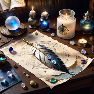 ((ultra ARTISTIC sketch)), (artistic sketch art), Make a 3d DETAILED old torn paper scroll on a scraped old desk (detailed runes on the paper and silver feather pendant with moonstone ball) crystal, moonshine, silver coin, little moonstone gem , tiny candle, tiny potion jar, spiderweb, DISORDERED,BookScenic,map
