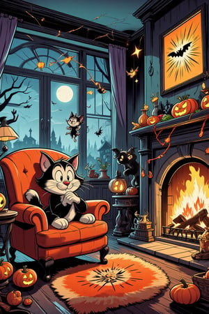 A Halloween-decorated cartoon animation inspired shabby-style living room glows warmly in the moonlight, with a large armchair by the fireplace, the living room every detail is decked out for Halloween night . In the armchair, a tabby Cheshire cat rests, watching us with wide, mischievous eyes. Above, a little bat hangs upside down from the mantelpiece of the fireplace, tightly clinging to his feet as he sleeps. Moonlight streams in through the window, catching the festive decorations and adding a whimsical, lighthearted Halloween charm. The atmosphere is filled with laughter and lighthearted Halloween spirit., The atmosphere is inviting and magical, filled with the warmth of a magical Halloween welcome.