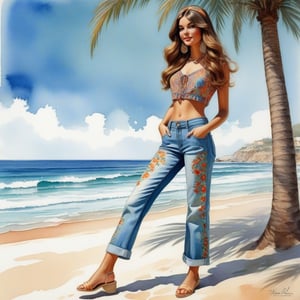 young girl , lazy long hair style, long legs, Riviera spring beach near the ocean (full body shot, '60s hippie style long baggy jeans). Modifiers:modern colorful illustration style VINTAGE fashion illustration, (by  Haddon Sundblom ) , VINTAGE 1960s hippie boho fashion illustration, whimsical style, intricately textured and detailed, Pomological Watercolor, depth of field, ultra quality ,ink art, transparent fading, shadow play, high colour contrast,