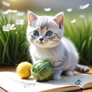 ((ultra realistic photo)), artistic sketch art, Make a little pencil sketch of a cute TINY BRITISH shorthaired CAT play with a ball of yarn  in the grass , art, textures, pure perfection, high definition, feather around, TINY DELICATE FLOWERS, ball of yarn, flower petals , Sun beam, butterfly, tiny cat toys, detailed calligraphy texts, tiny delicate drawings