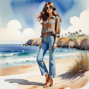 young girl , lazy long hair style, long legs, Riviera spring beach near the ocean (full body shot, '60s hippie style long baggy jeans). Modifiers:modern colorful illustration style VINTAGE fashion illustration, Coby Whitmore ART, VINTAGE 1960s hippie boho fashion illustration, whimsical style, intricately textured and detailed, Pomological Watercolor, depth of field, ultra quality ,ink art, transparent fading , shadow play, high colour contrast,watercolor,aw0k collage,KA,steampunk style