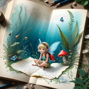 ((ultra realistic photo)), artistic sketch art, Make a little PASTELL pencil sketch of a cute TINY PIXIE SITTING on an old TORN EDGE paper UNDERWATER SEA BOTTOM , art, textures, pure perfection, high definition, TINY DELICATE FLOWERS, WILD BERRIES ,STRAWBERRY, LEAF, FEATHER, TINY MUSHROOM, TINY BUTTERFLY, TINY SUNBEAM, GRASS FIBERS on the paper,  detailed calligraphy texts, TINY delicate drawings, tiny delicate signature,BookScenic,underwater,AtlantisWorld