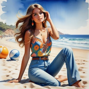 young girl , lazy long hair style, beautiful eyes, long legs, Riviera summer beach near the ocean (full body shot, '60s hippie style long jeans). Modifiers:modern colorful illustration style VINTAGE fashion illustration, by Coby Whitmore, Haddon Sundblom. VINTAGE 1960s hippie fashion illustration, whimsical style, intricately textured and detailed, Pomological Watercolor, depth of field, ultra quality ,ink art, transparent fading , shadow play, high colour contrast,PIXAR