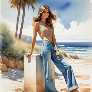 young girl , lazy long hair style, long legs, Riviera spring beach near the ocean (full body shot, '60s hippie style long baggy jeans). Modifiers:modern colorful illustration style VINTAGE fashion illustration, Coby Whitmore ART, VINTAGE 1960s hippie boho fashion illustration, whimsical style, intricately textured and detailed, Pomological Watercolor, depth of field, ultra quality ,ink art, transparent fading , shadow play, high colour contrast,watercolor,