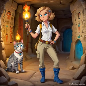 one tall skiny explorer woman in cargo pants khaki boots and white shirt, bob hair, lovely blue eyes,  exploring the Pharao's catacomb with a torch, anchient Egyptian colorful detailed paintings, runes on the wall, one cute cat with the explorer 