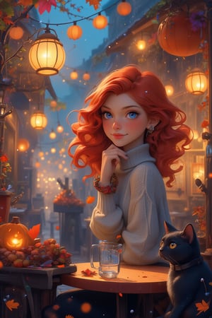 From the street, we see a beautiful girl (in a turtleneck pullover) In this magically sweet portrait, a cute young girl with soft, wavy reddish hair, deep blue eyes, smiles gently, sitting at a table in a restaurant, her gaze directed at the rainy street outside, shiny black cat sitting with her . Colorful autumn leaves swirl in the wind, and the street is glowing with magical Halloween twilight lights. The antique-style street is decked out in spooky Halloween decorations, adding an eerie yet festive vibe to the scene. The girl’s stillness contrasts with the enchanting, lively magical Halloween atmosphere outside. The portrait radiates innocence and warmth, capturing a moment of pure sweetness. fantasy, magical, neat illustration, UHD. Modifiers:Pino Daeni etheral otherwordliness LEONARDO DIFFUSION XL STYLE, crisp quality,
