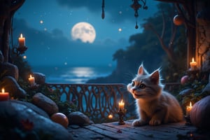 An enchanted, highly detailed balcony with a spectacular night view of the sea. The balcony’s intricate design is softly illuminated by the moonlight. A tiny, fluffy, and funny Cheshire cat sitting and smiling next to an enchanted flower that SHINES faintly. The air is filled with dust particles that twinkle in the light, creating a magical ambiance. The cat’s fur is exquisitely detailed, and its playful nature is evident as it seems captivated by the flower. The overall scene is whimsical, serene, and full of enchantment.