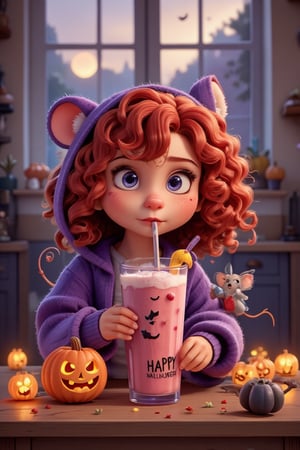 The sweetest cute little girl in a hooded pullover sips a pale strawberry shake from a tall glass with a frothy top, using a straw. Her cute, puffy cheeks and soft red curly hair add to her charm and the little summer-freckled puffy cheeks. Sitting at the kitchen window. Her ringlety hair held by adorable little furry ,cute mouse with tiny wings levitate around her head holding up in the air one of her curly lock ending as she drinks. The table in front of her is decorated for Halloween, with tiny, glowing pumpkin lanterns scattered across, adding a magical, festive glow to the scene. the tall glass labelled with the text "Happy Halloween!" a little Halloween pumpkin lantern smile next to the girl, the evening moon glow