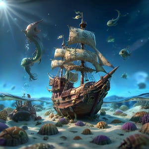 POV angle water worm's-eye view, MAGICAL cute STORYBOOK tropical bay , shabby STYLE lovely sailing ship on the beach, view on the tropical bay , summer, semi underwater view, pirate treasures underwater. Modifiers: highly detailed dof trending on cgsociety steampunk fantastic view ultra detailed 4K 3D whimsical Storybook beautifully lit etheral highly intricate stunning color depth disorderly outstanding cute illustration cuteaesthetic Boris Vallejo style shadow play The mood is Mysterious and Spellbinding, with a sense of otherworldliness otherwordliness macro photography style LEONARDO DIFFUSION XL STYLE