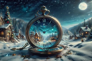 VINTAGE-FUTURISTIC opened pocket watch with ENCHANTED cosy detailed christmas snowy landscape on it's dial, DETAILED fantastic christmas living room around the watch, WORKING WATCH HANDS! Modifiers: dof trending on cgsociety steampunk fantastic view ultra detailed 4K 3D whimsical Storybook beautifully lit etheral Quirky Exquisite highly intricate stunning color depth disorderly outstanding cute illustration cuteaesthetic Boris Vallejo style shadow play The mood is Mysterious and Spellbinding, with a sense of otherworldliness clock hands otherwordliness macro photography style LEONARDO DIFFUSION XL STYLE vintage-futuristic