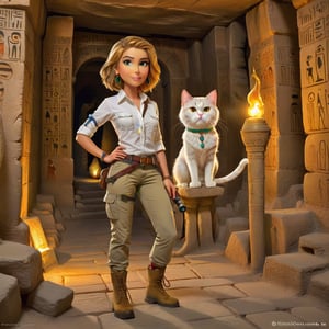 one tall skiny explorer woman in cargo pants khaki boots and white shirt, bob hair, lovely eyes,  exploring the Pharao's catacomb with a torch with a cat!  anchient Egyptian colorful detailed paintings, runes on the wall, one cute persian cat with the explorer.