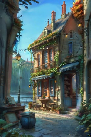 ((ultra ARTISTIC sketch)), (artistic sketch art) a magical detailed shabby style street with coble stones, an old bookstore streetfront, we see books and brooms in the shop window, morning light, beautiful terrace, garden at home, light, brilliant SUNSET EVENING NIGHTFALL TWILIGHT light, afternoon light, afternoon sun, garden environment, cozy place, lush flowers outdoors, afternoon light, ivy, bonsai, table, stool, Intricate and detailed atmospheric refractive lighting of Unreal Engine 5 movie concept photography masterpiece Octane renders trends on CGSocietybest realistic, best details, best quality, 16k, [ultra detailed], masterpiece, best quality, (extremely detailed), ultra wide shot, photorealism, depth of field, hyper realistic painting, 3d rendering mysterious, Breathtaking VieW, Jean-Baptiste Monge, Kukharskiy Igor, Thomas wells schaller style, magical scenery, Nazar Noschenko Modifiers: dof trending on cgsociety fantastic view ultra detailed 4K 3D whimsical Storybook beautifully lit etheral Quirky Exquisite highly intricate stunning color depth outstanding cute illustration cuteaesthetic shadow play The mood is Mysterious and Spellbinding, with a sense of otherworldliness, macro photography style LEONARDO DIFFUSION XL STYLE