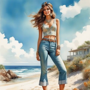 young girl , lazy long hair style, long legs, Riviera spring beach near the ocean (full body shot, '60s hippie style long baggy jeans). Modifiers:modern colorful illustration style VINTAGE fashion illustration, Coby Whitmore ART, VINTAGE 1960s hippie boho fashion illustration, whimsical style, intricately textured and detailed, Pomological Watercolor, depth of field, ultra quality ,ink art, transparent fading , shadow play, high colour contrast,watercolor,aw0k collage,KA,steampunk style