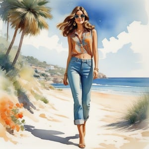 young girl , lazy long hair style, long legs, Riviera spring beach near the ocean (full body shot, '60s hippie style long baggy jeans). Modifiers:modern colorful illustration style VINTAGE fashion illustration, Coby Whitmore ART, VINTAGE 1960s hippie boho fashion illustration, whimsical style, intricately textured and detailed, Pomological Watercolor, depth of field, ultra quality ,ink art, transparent fading , shadow play, high colour contrast,watercolor,